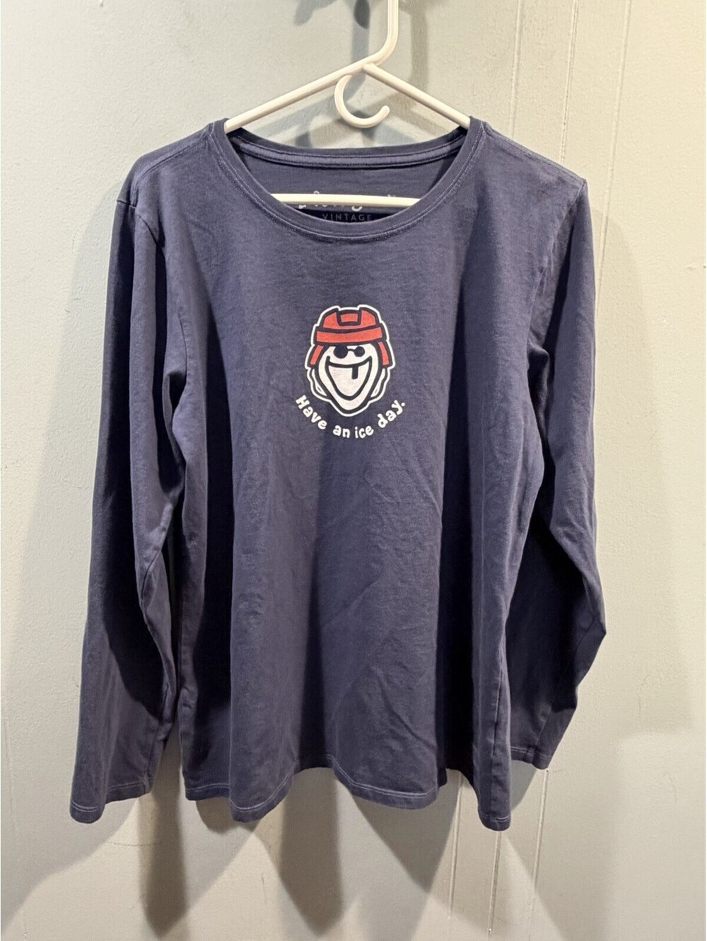 Mens Life Is Good Long Sleeves Tee Crew Neck Size Large Navy Have A Ice Day Prin